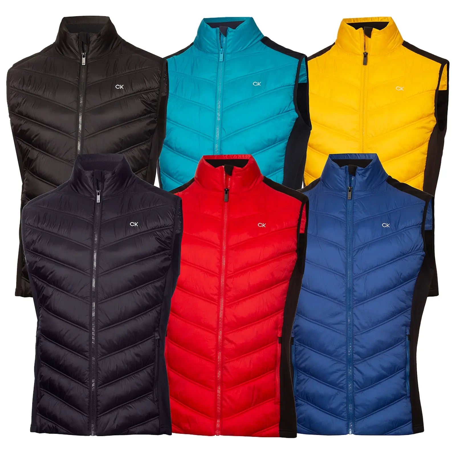 A collection of six colorful vests hangs side by side featuring a quilted design with high collars and zippers available in black turquoise red yellow and blue against a plain background.