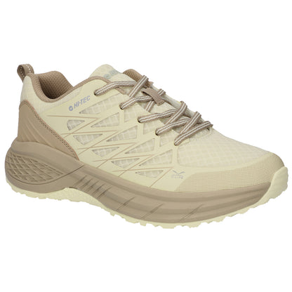 A light beige athletic shoe features a breathable mesh upper with a unique cutout design lacing system thick cushioned sole and is designed for comfort in active settings