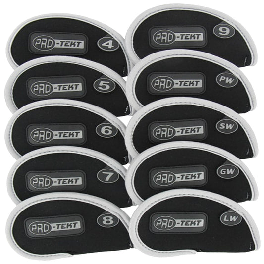 Ten black golf club headcovers are arranged in a line each with a numerical label from 4 to 9 along with additional designations PW SW GW LW marking their specific types and use.