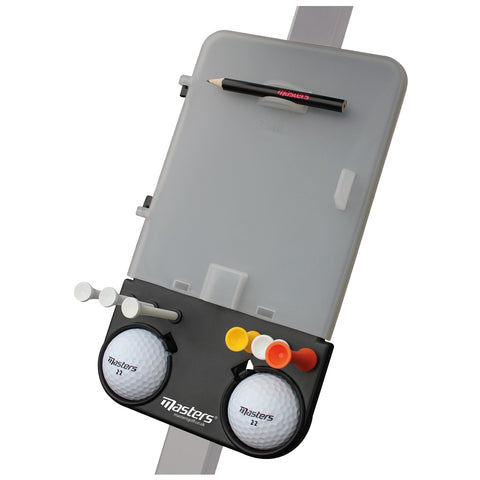 A clipboard with a clear cover holds a pencil and features a black base holding two golf balls alongside various colored pegs, positioned on a vertical surface for writing and organizing.