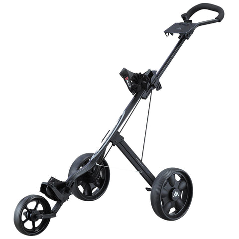 A black golf push cart stands upright with three wheels attached; it features a handle at the top and a platform for holding golf bags, designed for use on a golf course.