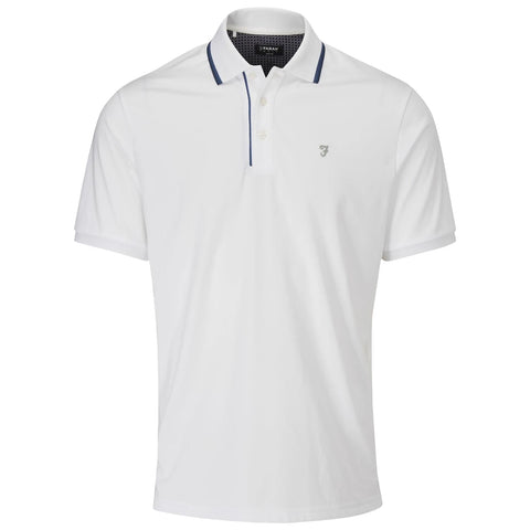 A white polo shirt is displayed hanging. It features a collar with a two-button placket and dark blue accents along the collar. A small logo appears on the left chest area.