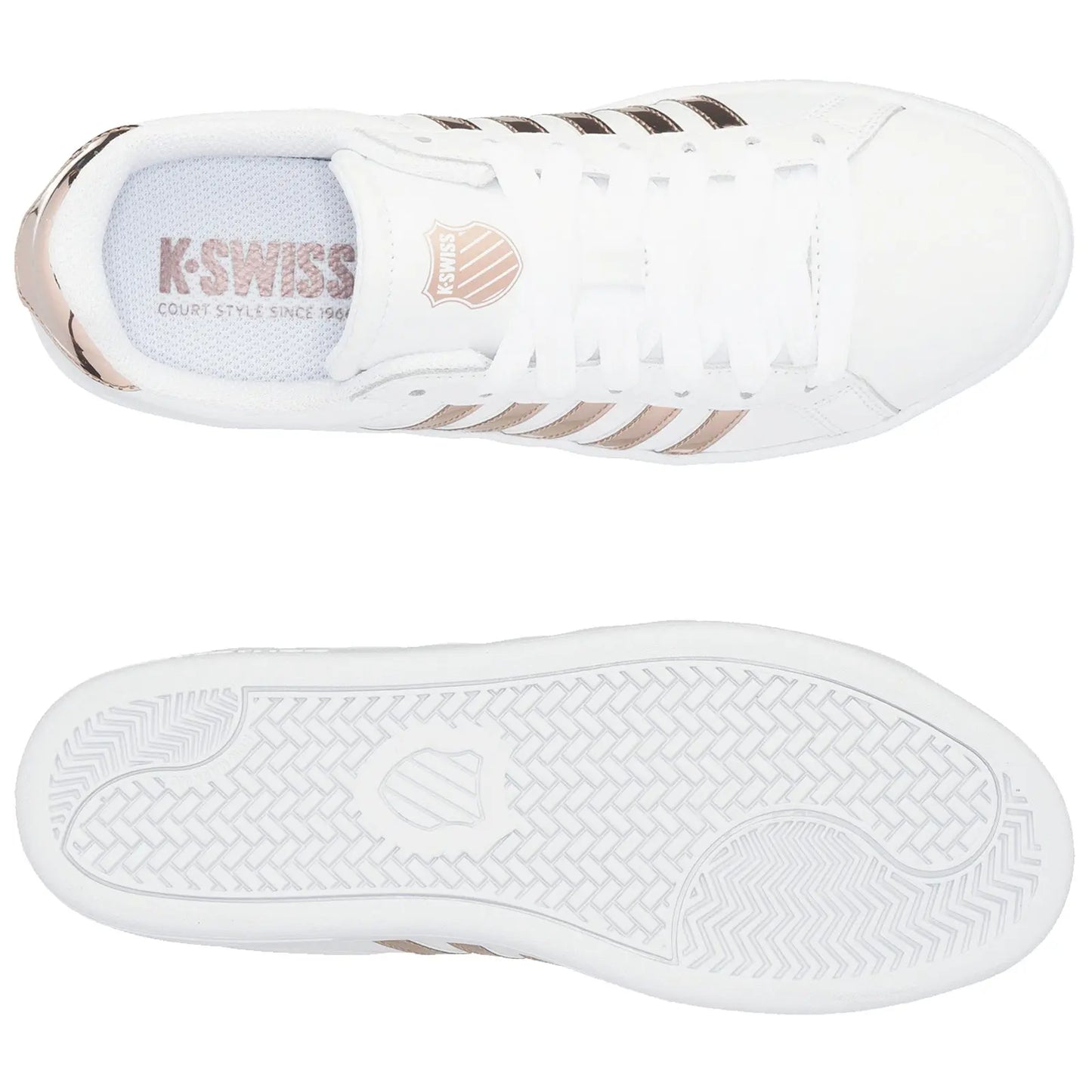 White athletic shoes feature a sleek design with metallic rose gold stripes and branding on the tongue. They are shown from a top-down view on a neutral background.
