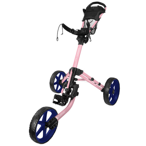 A pink golf pushcart with three wheels is standing upright. The cart features a handle and a mesh storage area, designed for carrying golf clubs, in a plain background.