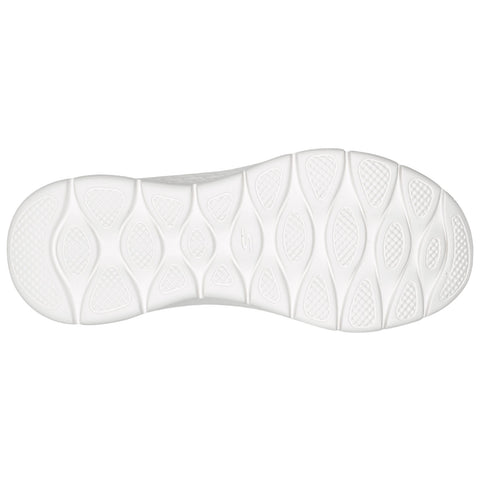 A white sneaker sole is displayed showcasing a textured surface and wave-like patterns designed for grip and comfort indicating potential use in athletic activities or casual wear.