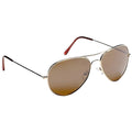 A pair of aviator sunglasses sits prominently displaying large brown lenses and a thin metallic frame with dark and wooden arms against a plain background.