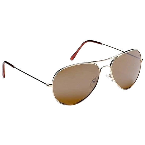 A pair of aviator sunglasses sits prominently displaying large brown lenses and a thin metallic frame with dark and wooden arms against a plain background.