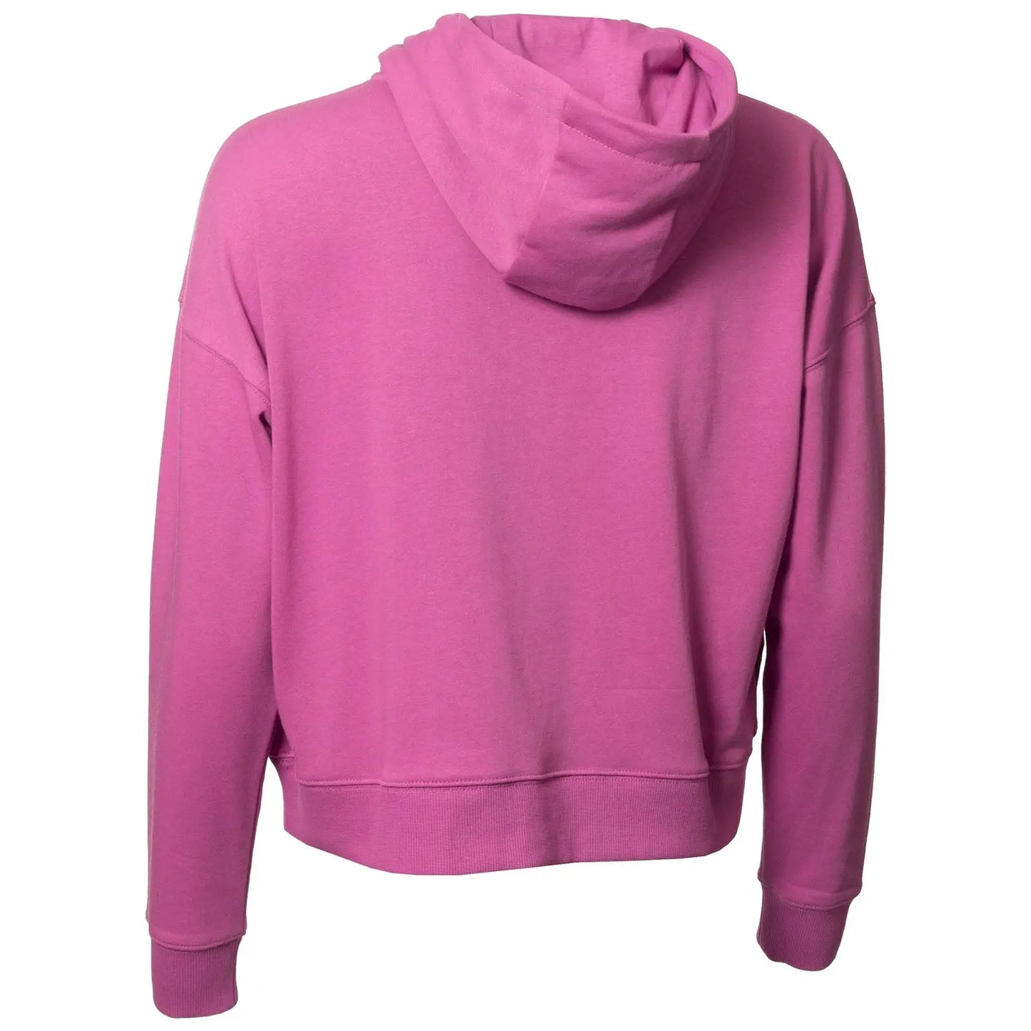 A pink hoodie is displayed from the back showing its loose fit and hood draping over the collar with long sleeves extending to the wrists in a neutral setting.