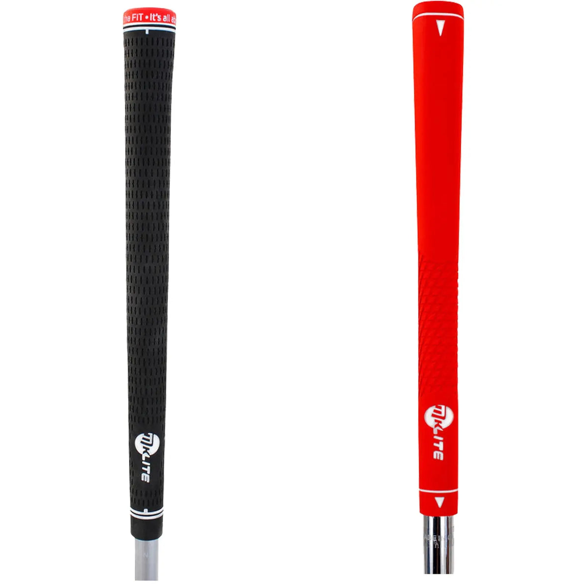 Two golf club grips are displayed side by side. One is black with textured surface and white branding. The other is red with a smooth texture and white branding, both mounted on metal shafts.
