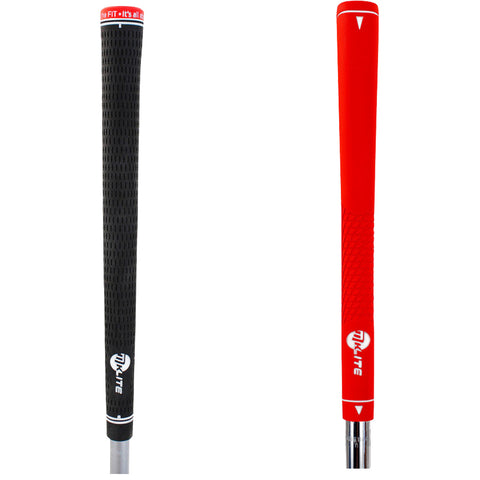 Two golf club grips are displayed. One is black with a textured surface and branding at the bottom. The other is bright red with a smooth surface and also features branding at the bottom.