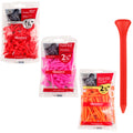 Plastic golf tees are displayed in three clear packages showcasing various lengths and colors including red and pink. One long red tee stands out against the packages on a neutral background.