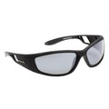 A pair of black sunglasses rests on a flat surface showcasing mirrored lenses designed for outdoor use highlighting a sporty and modern aesthetic suitable for various activities.