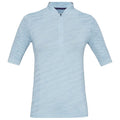 A light blue short-sleeve shirt with a partial zip and a mock collar is displayed. The fabric features a textured pattern, suitable for casual or athletic wear.