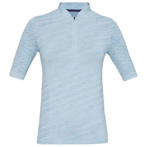 A light blue short-sleeve shirt with a partial zip and a mock collar is displayed. The fabric features a textured pattern, suitable for casual or athletic wear.