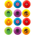 Colorful golf balls are arranged in three rows featuring superhero designs including Iron Man Spider-Man Hulk Black Panther and Thor set on a white background.