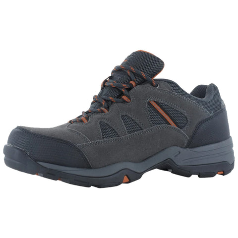 A gray outdoor shoe is showcased on a white background featuring mesh and suede materials with orange accents laced up for stability designed for walking or hiking activities.