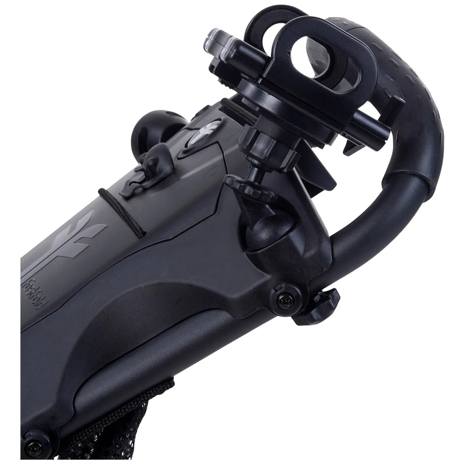 A black camera stabilization device is angled for visibility with various knobs and mounts for adjustment and attachment visible against a neutral background suggesting professional equipment use.