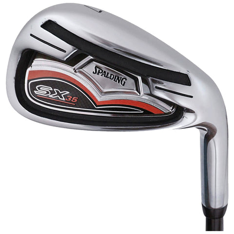 A silver golf iron is showcased prominently featuring the brand name Spalding and model designation SX35 with a sleek, polished finish and a black and red design element on the club face.