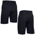 Black shorts are displayed from the front and back showcasing a sleek design with two side pockets and two rear pockets set against a plain background.