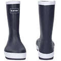 Black rubber rain boots are shown standing upright with white trim at the top and bottom. They are designed for outdoor wet conditions, providing waterproof protection and stability.
