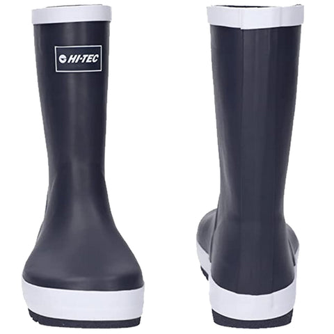 Black rubber rain boots are shown standing upright with white trim at the top and bottom. They are designed for outdoor wet conditions, providing waterproof protection and stability.