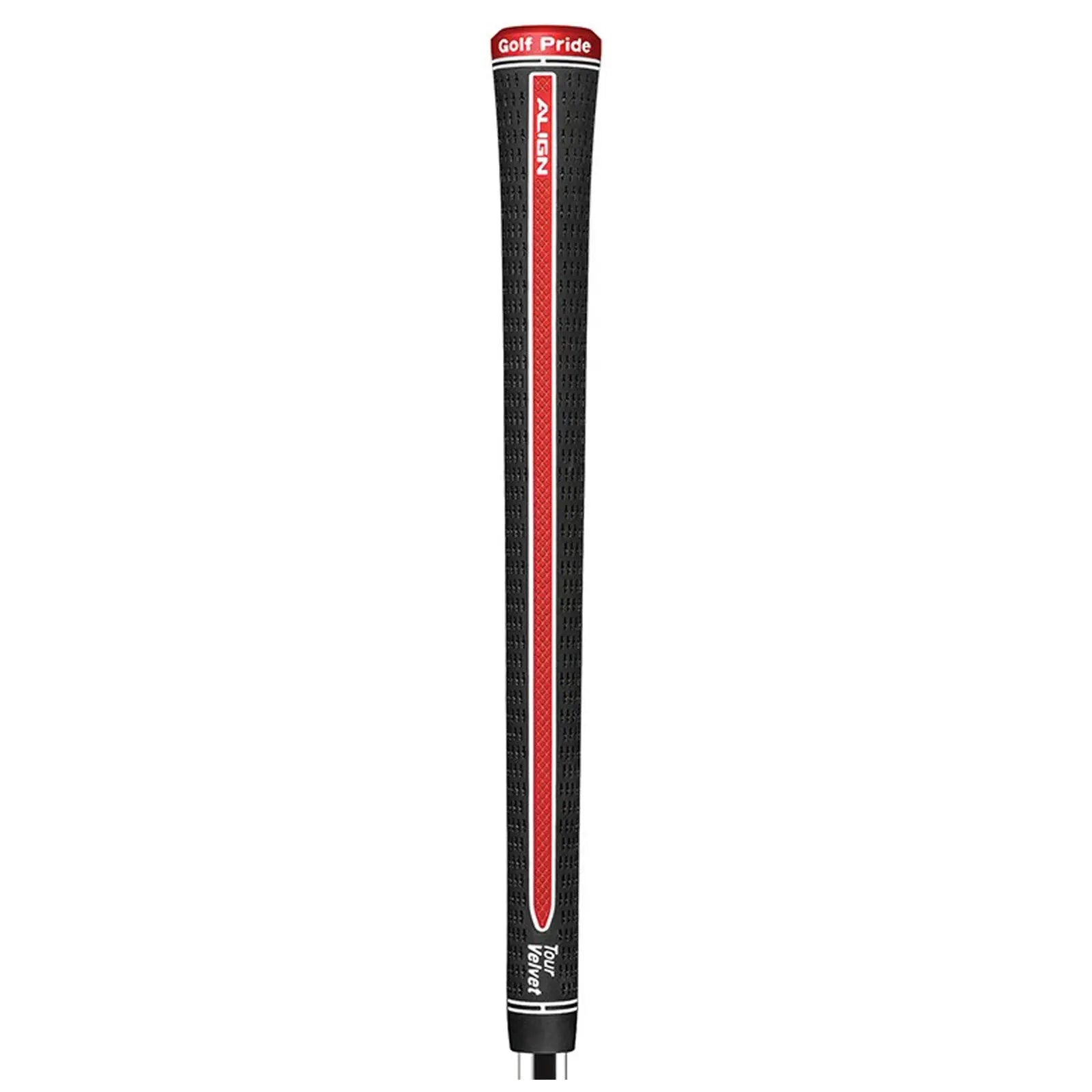 A black golf club grip with a textured surface and red accents is positioned upright against a neutral background showcasing its branding and features suitable for enhanced player control and comfort.
