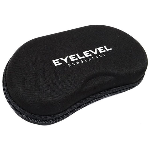 A black sunglasses case is closed and resting on a flat surface displaying the brand name Eyelvel in white letters on the top with the word sunglasses beneath it.