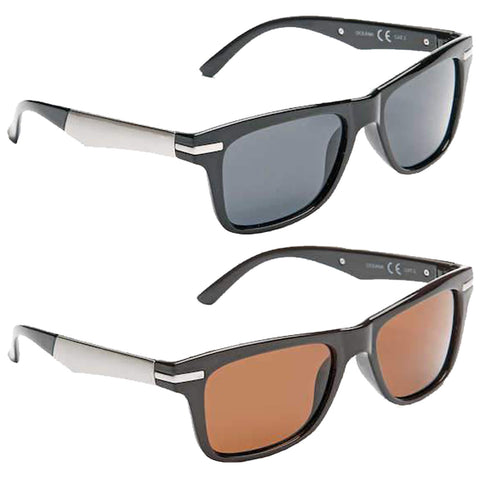 Two pairs of sunglasses are displayed with dark tinted lenses on top and lighter brown lenses below showcasing a black frame with silver accents in a neutral setting.