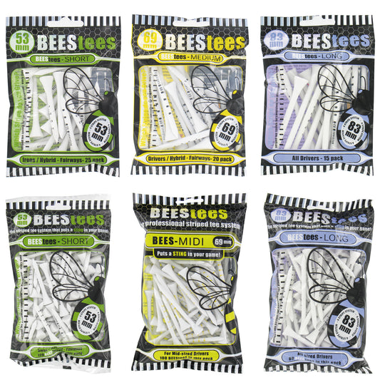 Six packs of golf tees displayed in different sizes labeled as short medium and long with varying quantities and descriptions indicating their intended use for different types of golf clubs.