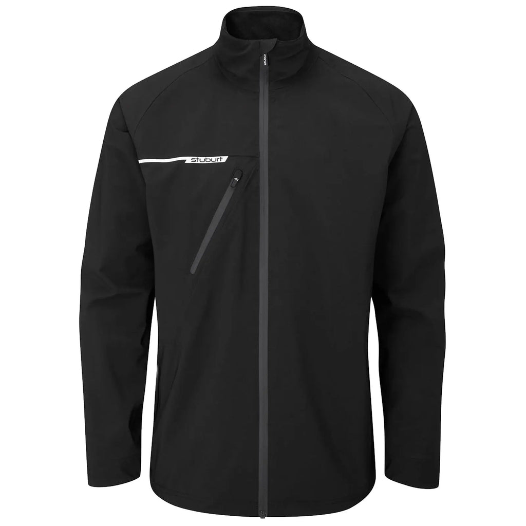 A black jacket hangs vertically with a high collar and a zippered front closure featuring a diagonal zippered pocket on the left chest and a logo on the right side.
