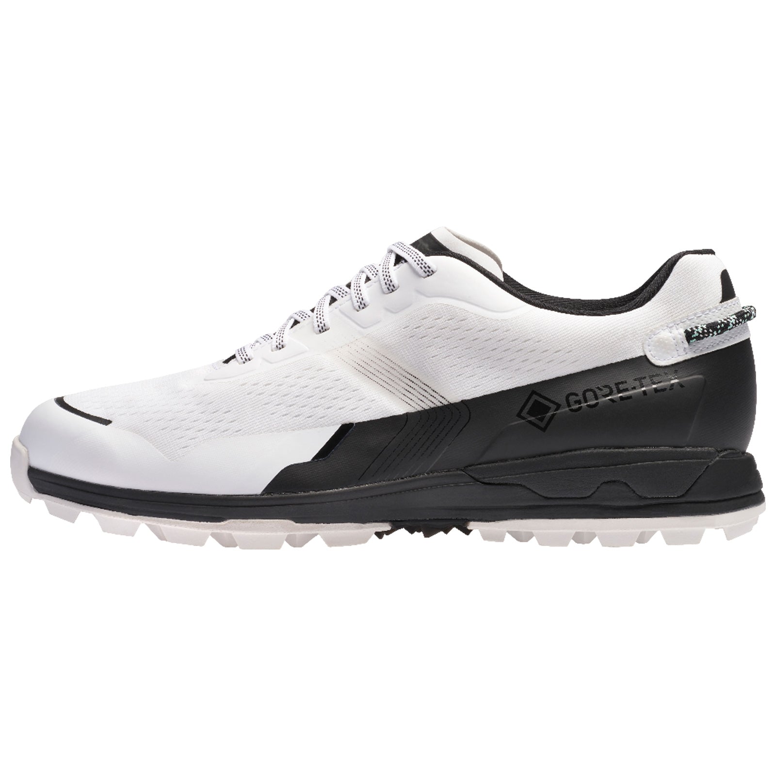 A white and black athletic shoe with a textured upper and rugged sole is displayed at an angle showcasing its lightweight design and water-resistant Gore-Tex branding on the side.