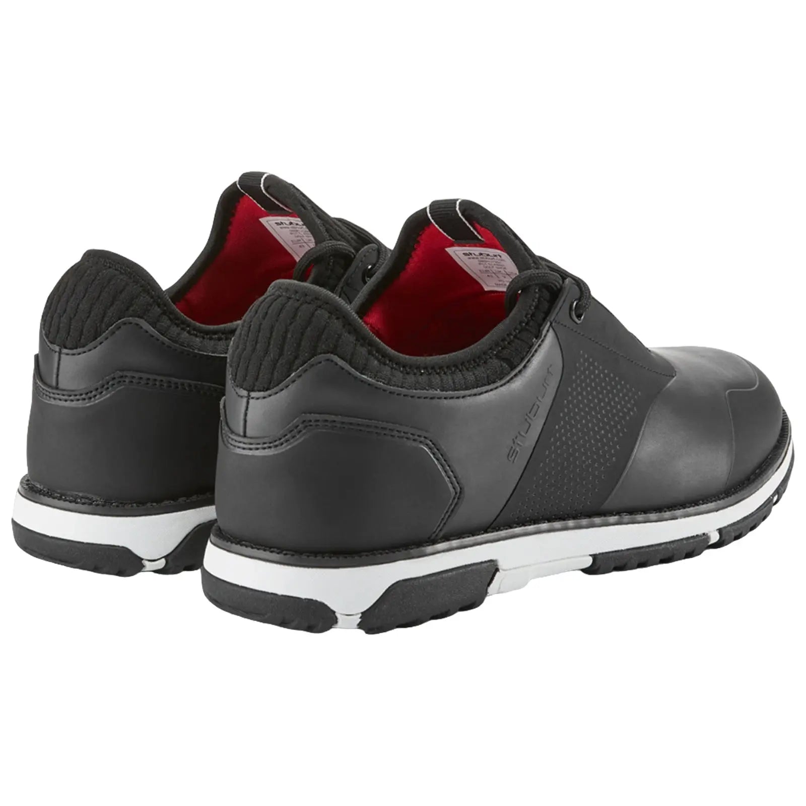 Black athletic shoes with a sleek design feature a leather exterior and rubber sole with white accents. They are positioned upright on a flat surface revealing a red interior lining.