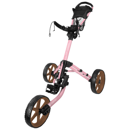 A pink push golf cart with three wheels is positioned upright showcasing its brown wheels and a storage basket at the top along with a padded handle for user comfort.