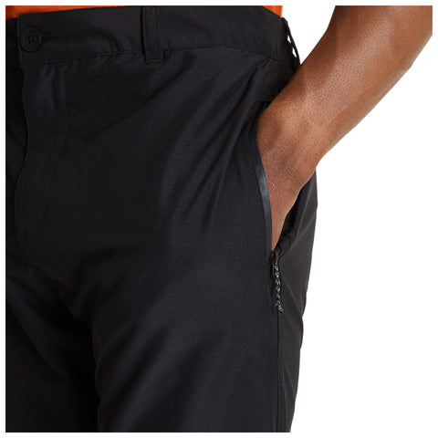 Black pants are featured with a hand resting in the side pocket showcasing a zipper style detail against a neutral background emphasizing fabric texture and fit without distraction.