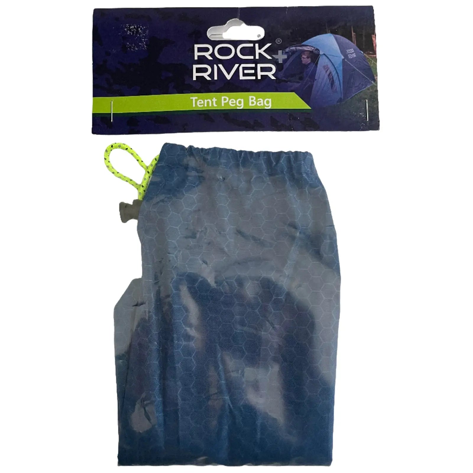 A blue tent peg bag is displayed hanging on a card backing labeled Rock River with a green strip reading Tent Peg Bag in the upper section