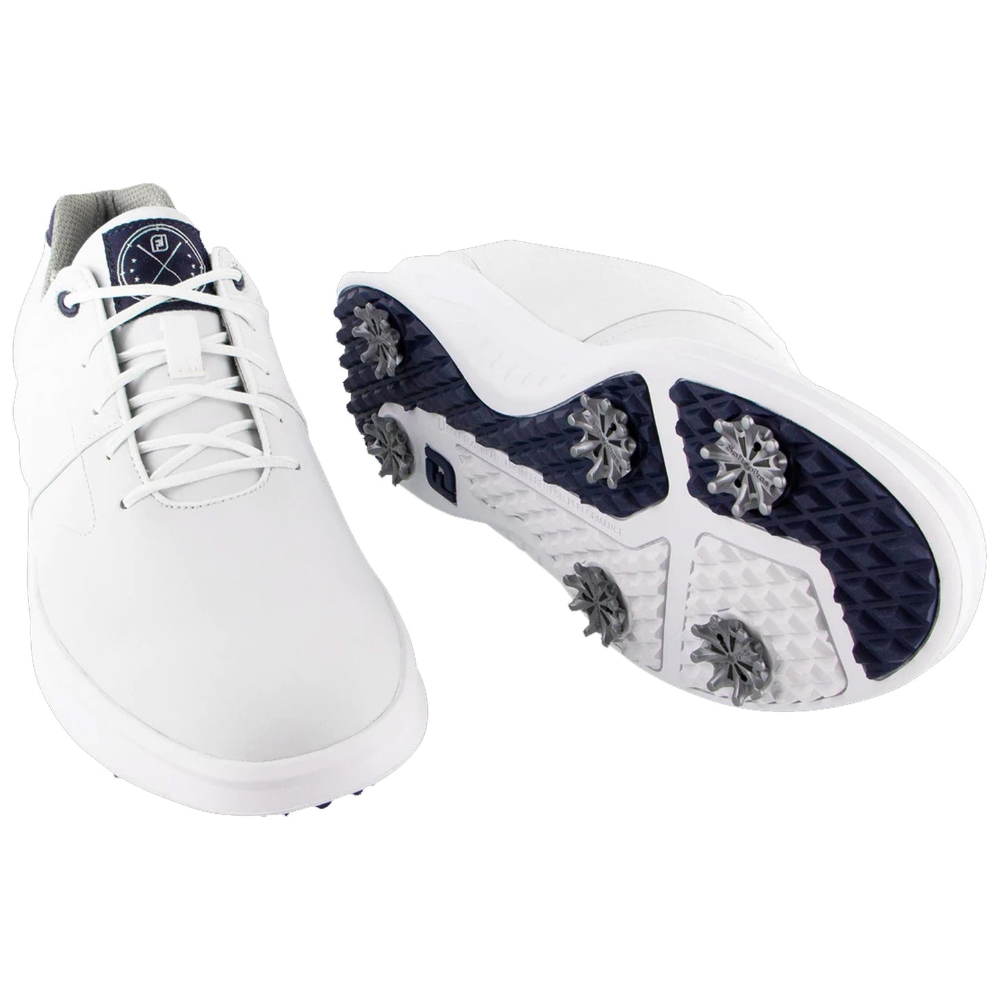 White golf shoes are displayed with a focus on the sleek design and spiked outsole providing traction for outdoor conditions against a neutral background highlighting their features and detailing.