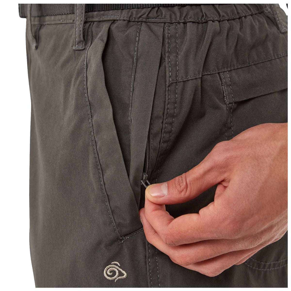 A hand holds the zipper of a pocket on gray pants while a logo is visible on the lower left side in a neutral background setting.