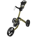 A golf push cart stands upright with three sturdy wheels and a handle at the top designed for maneuvering on various terrains ideal for transporting golf bags across a course.
