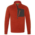 A red pullover sweater features a high collar and a zippered chest pocket in black with a red zipper. It is made of textured fabric and has long sleeves.