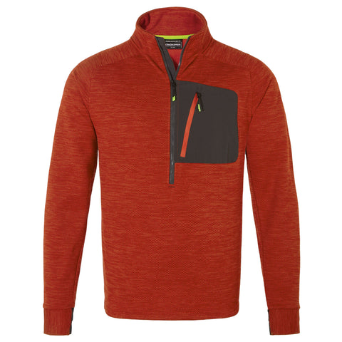 A red pullover sweater features a high collar and a zippered chest pocket in black with a red zipper. It is made of textured fabric and has long sleeves.