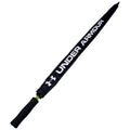 A black umbrella with a textured handle featuring the Under Armour logo is closed and positioned vertically against a plain white background, indicating its storage or readiness for use.