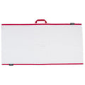 A rectangular white towel with red trim is displayed flat. It includes a top handle for carrying and features subtle ribbed patterns on its surface, designed for drying or cleaning.