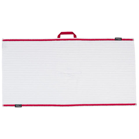 A rectangular white towel with red trim is displayed flat. It includes a top handle for carrying and features subtle ribbed patterns on its surface, designed for drying or cleaning.
