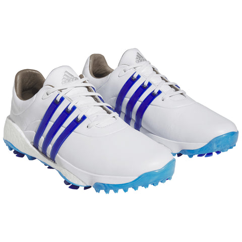 adidas Mens Tour360 Golf Shoes White Blue GV9400  White athletic shoes with blue detailing feature a textured sole and are designed for traction on grass. The surrounding context indicates a focus on sports or outdoor activities.