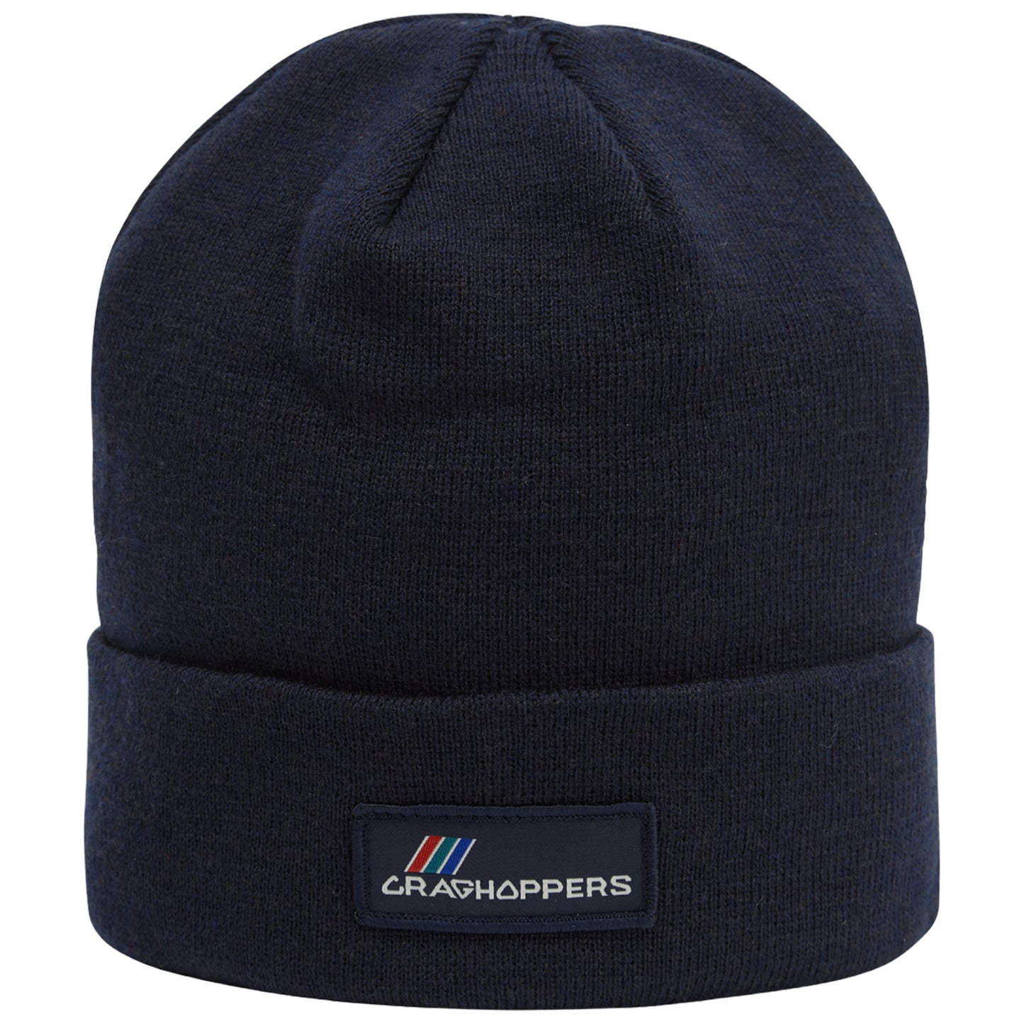 A dark blue knit beanie hat is displayed standing upright with a folded cuff featuring a branded patch that reads "CRAGHOPPERS" in white and colored stripes