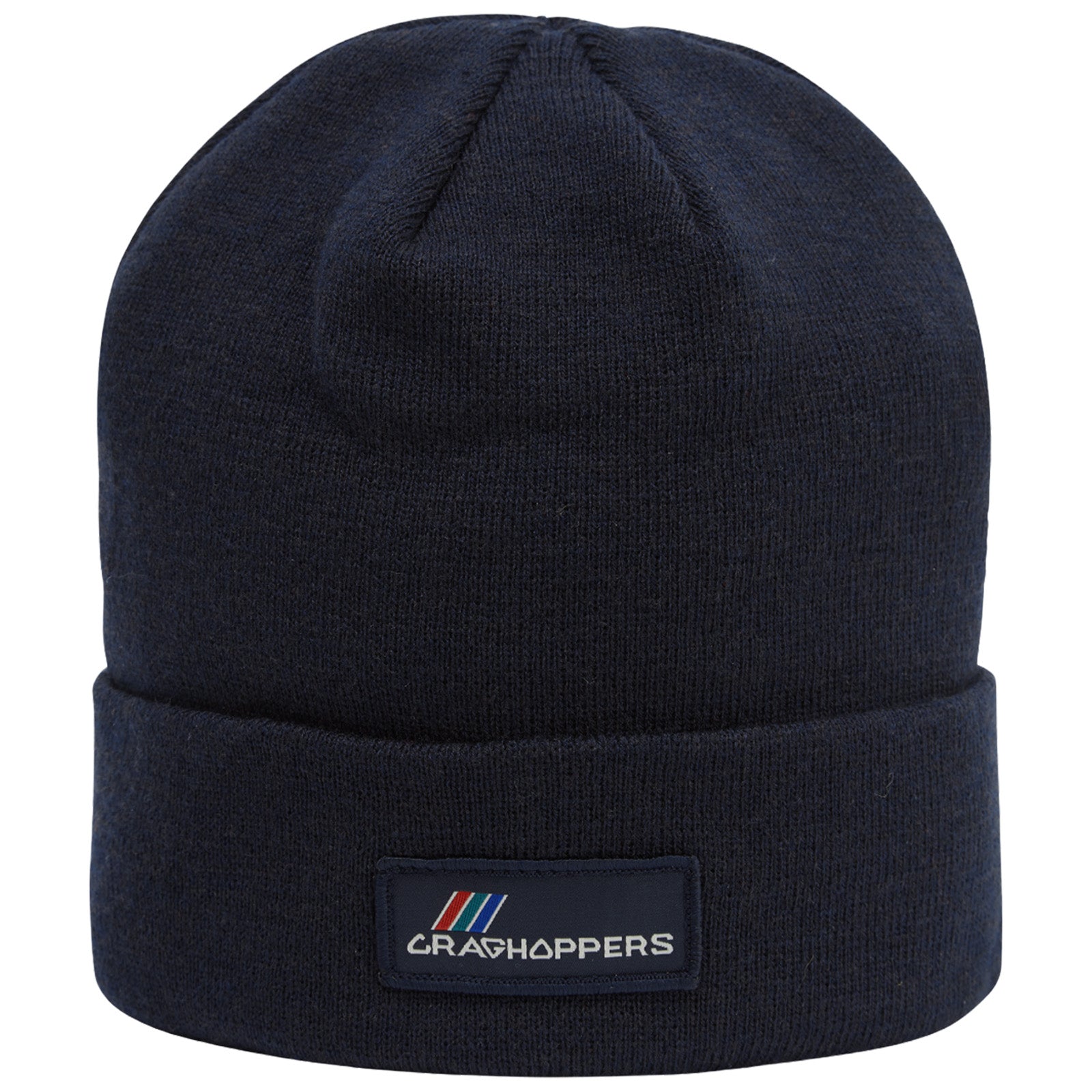 A dark blue knit beanie hat is displayed standing upright with a folded cuff featuring a branded patch that reads "CRAGHOPPERS" in white and colored stripes