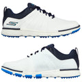 A pair of white and navy golf shoes features a textured upper and a spiked sole designed for grip on grass surfaces placed on a plain background.