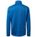A blue long-sleeved shirt displays a textured fabric pattern with a high collar and a small logo at the back near the neck in a simple backdrop.