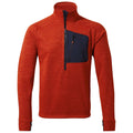 A red fleece pullover with a high collar features a navy blue chest pocket and a quarter zip front, designed for warmth and comfort in casual or outdoor settings.