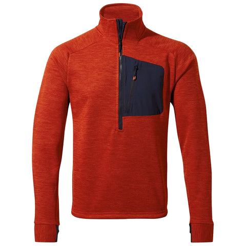 A red fleece pullover with a high collar features a navy blue chest pocket and a quarter zip front, designed for warmth and comfort in casual or outdoor settings.
